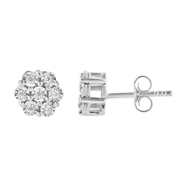 .925 Sterling Silver 1/10 Cttw Round-Cut Diamond Miracle-Set Floral Cluster Button Stud Earrings (I-J Color, I2-I3 Clari
