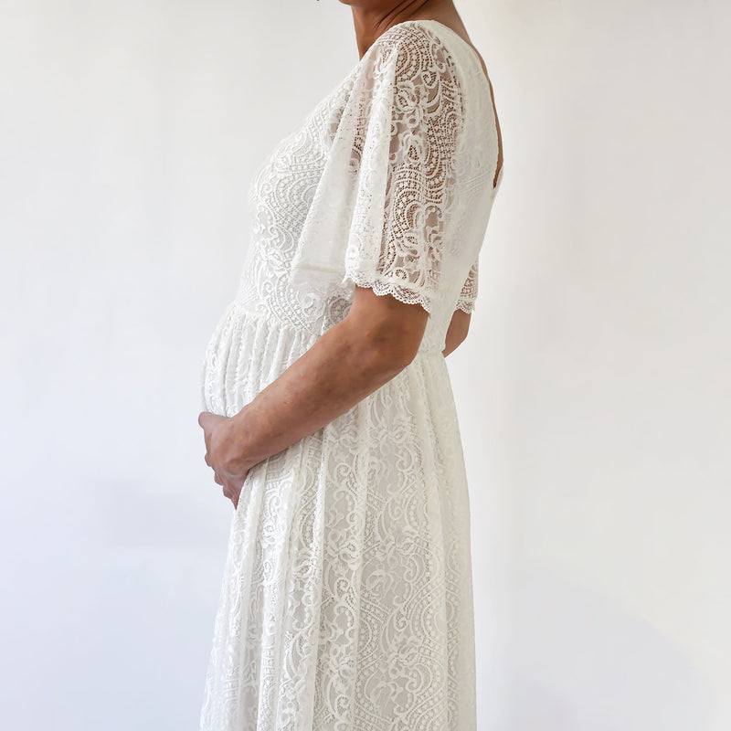 Maternity Butterfly Sleeves Bohemian Lace Ivory Wedding Dress #7017
