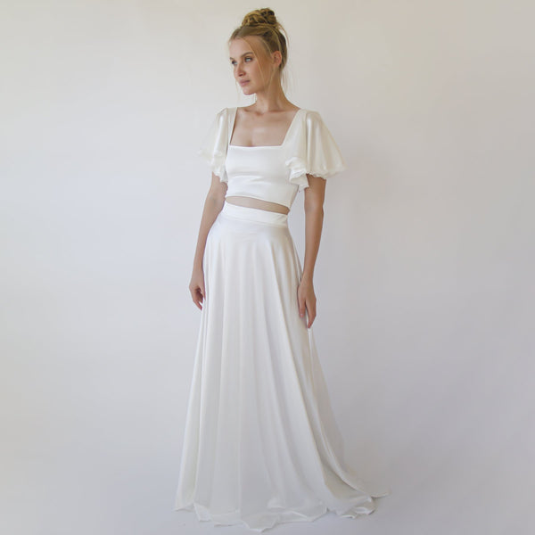 Crop Top Wedding Dress , Silky Wedding Maxi Skirt and Silky Top With Squire Neckline #1354