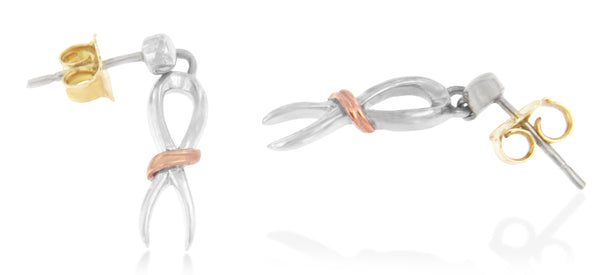 Two-Toned Sterling Silver Awareness Ribbon Dangle Earrings
