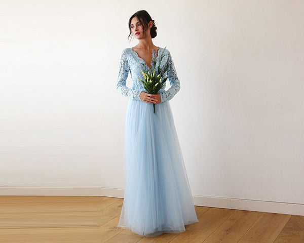 Light Blue Tulle and Lace Long Sleeve Wedding Maxi Dress 1125 – Boho Jeans