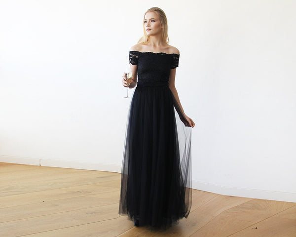 Black Lace Off-The-Shoulder Short Sleeve Tulle Maxi Dress SALE 1139
