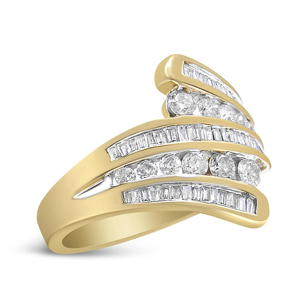 10K Yellow Gold 1 Cttw Round and Baguette-Cut Diamond Multi Row Bypass Ring Band (H-I Color, I1-I2 Clarity) - Ring Size