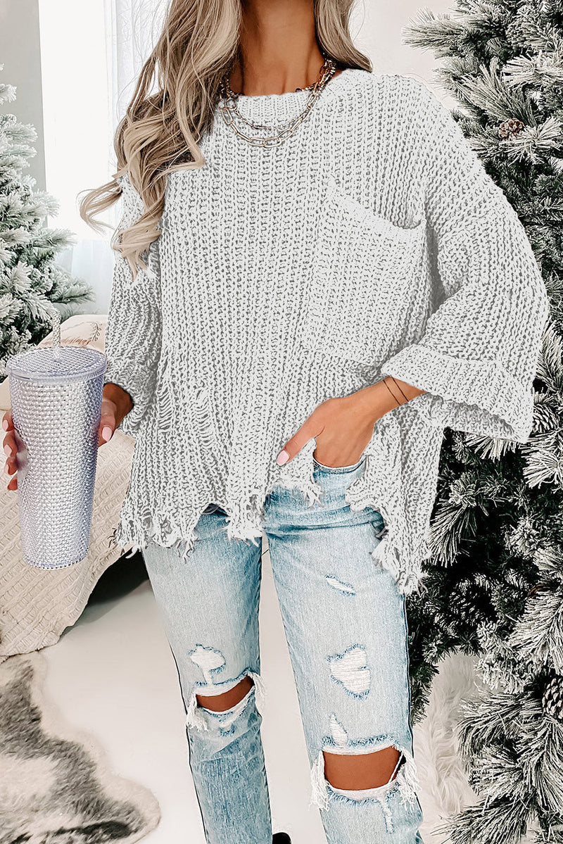 Alina Ripped Raw Hem Chunky Pullover Sweater