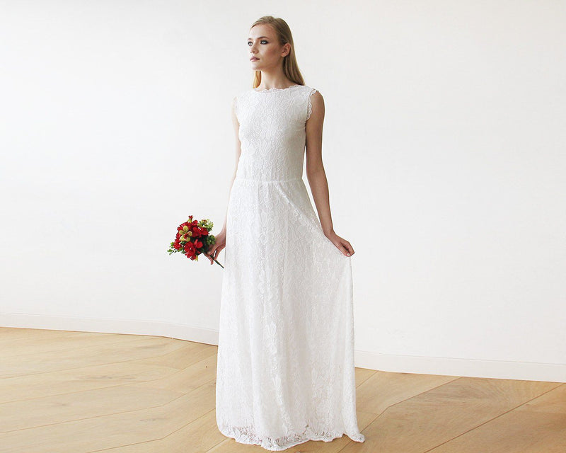 Sleeveless Ivory Floral Lace Bridal Gown With Open Back 1141