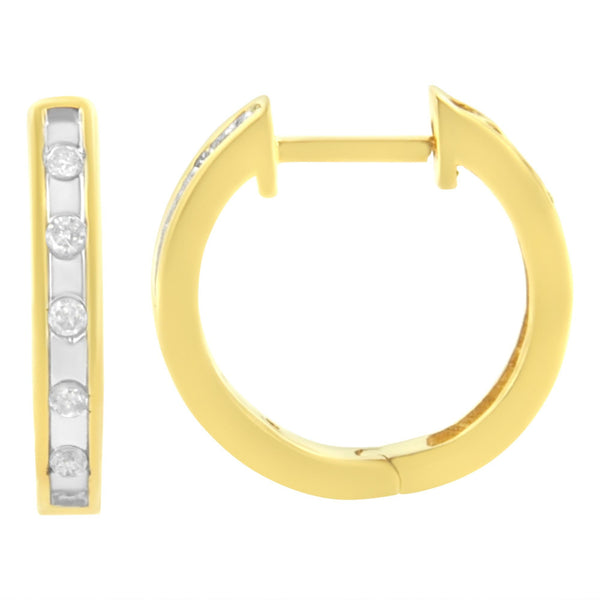 10K Yellow Gold Plated .925 Sterling Silver Channel Set Round-Cut Diamond Accent Classic Hoop Earrings (I-J Color, I1-I2