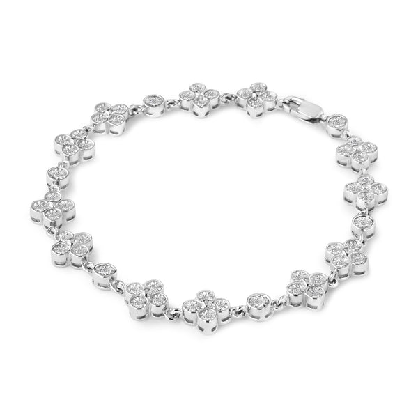 .925 Sterling Silver 1.0 Cttw Miracle-Set Diamond 4 Leaf and Solitaire Station Link Bracelet (I-J Color, I3 Clarity) - 7