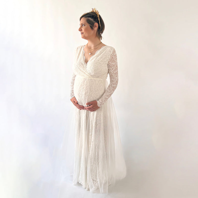 Maternity Ivory Wedding Dress, Sheer Illusion Tulle Skirt on Lace #7006