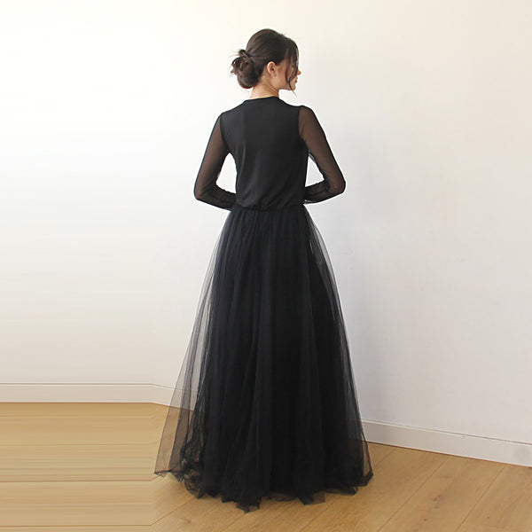 Black Wrap Tulle Dress With Chiffon Mesh Sleeves  #1174