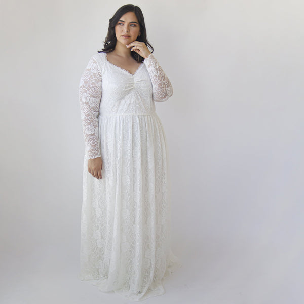 Curvy  Ivory Lace Bohemian , Long Sleeves Wedding Dress #1324