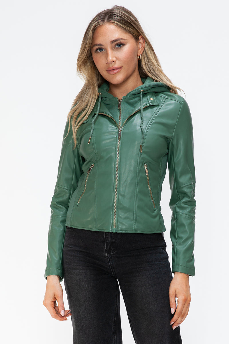 Snobbish Faux Leather Zip Up Drawstring Hooded Jacket