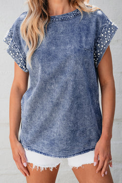 Kelly Acid Wash Pearl Embellishments Denim Top