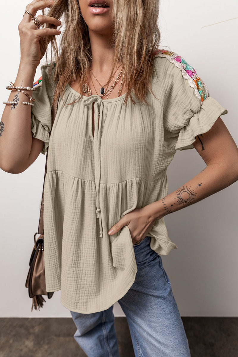 Milana Crinkle Embroidered Patched Bubble Sleeve Tied Neck Blouse