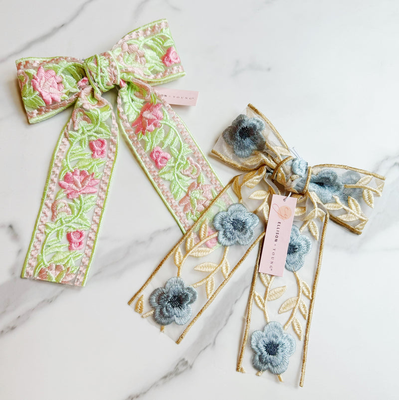 Lacey Flower Embroidered Bow Hair Clip