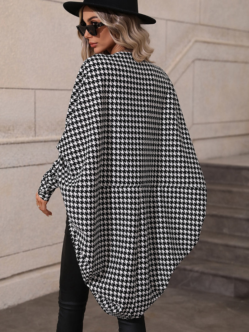 Houndstooth Open Front Batwing Sleeve Cardigan