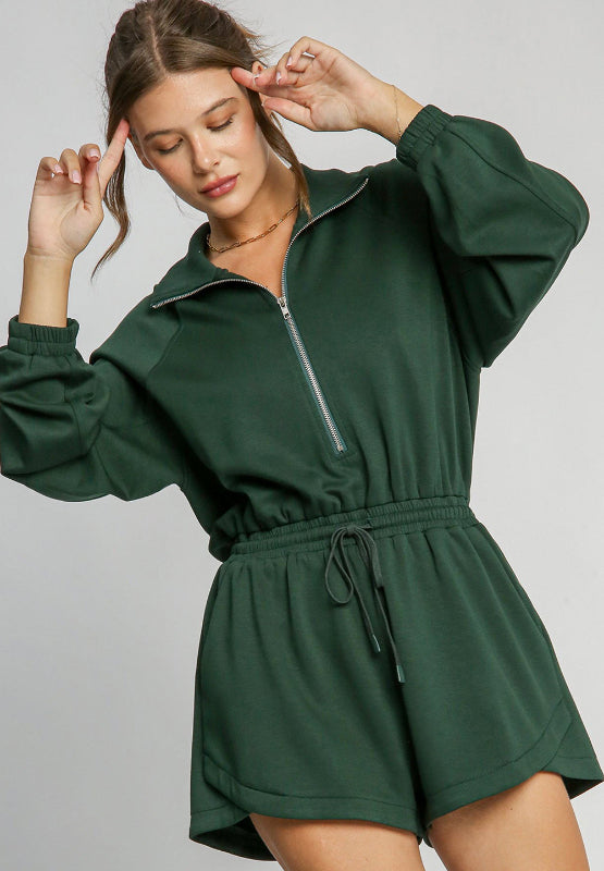 Drawstring Half Zip Long Sleeve Romper