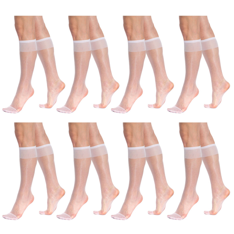 8 Pairs Sheer Knee High Socks for Women 15 Denier With Stay-Up Band One Size