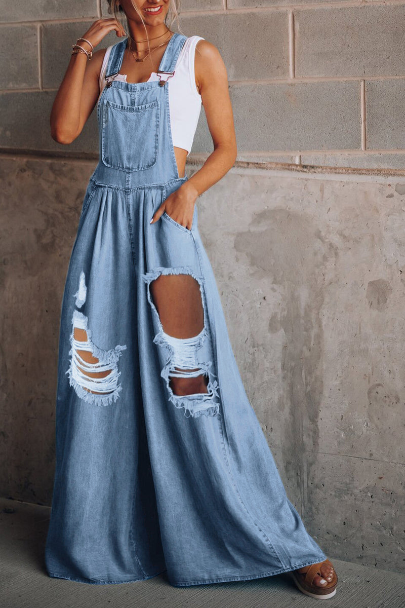 Distressed Wide Leg Denim Overalls