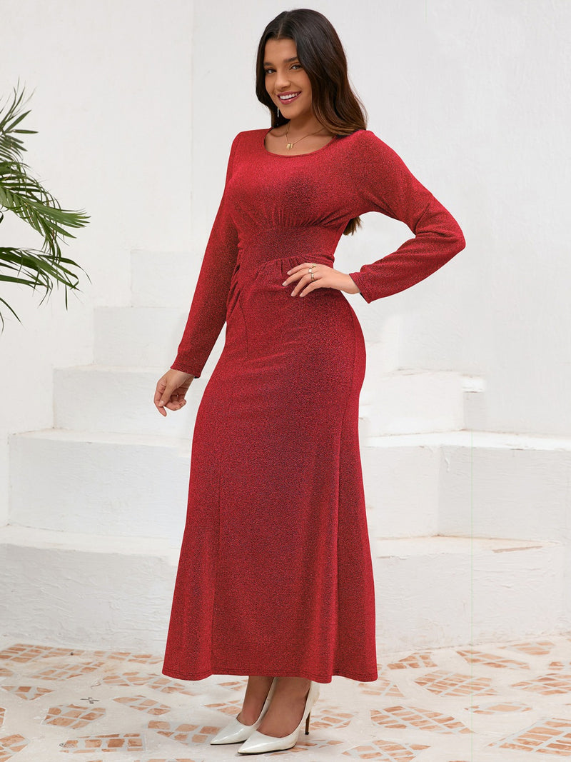 Ruched Round Neck Long Sleeve Dress