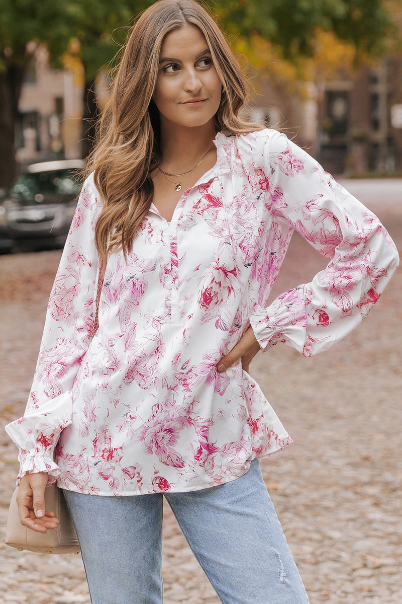 Floral Tie Neck Flounce Sleeve Blouse