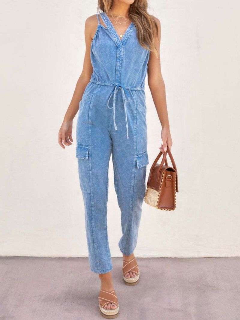 V-Neck Sleeveless Denim Jumpsuit