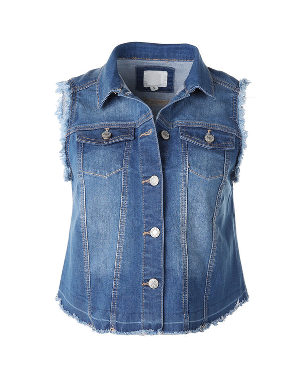 ZIMEGO Junior Fit Women's Distressed Denim Vest Sleeveless Button Up Slim Jacket