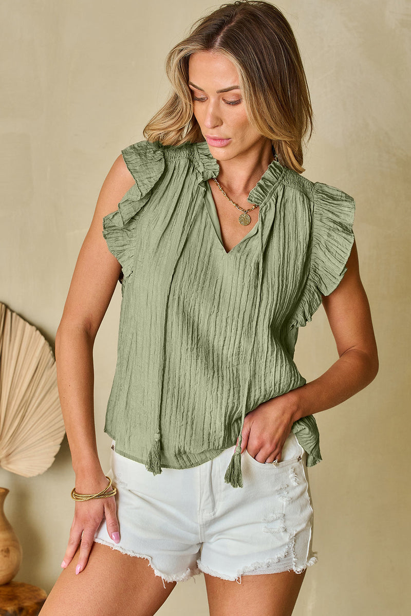 Keira v Neck Flutter Sleeve Textured Blouse