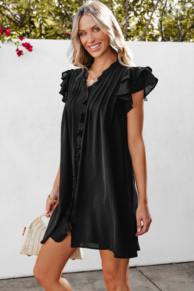 Pearl Ruffle Sleeve v Neck Frilled Shift Dress