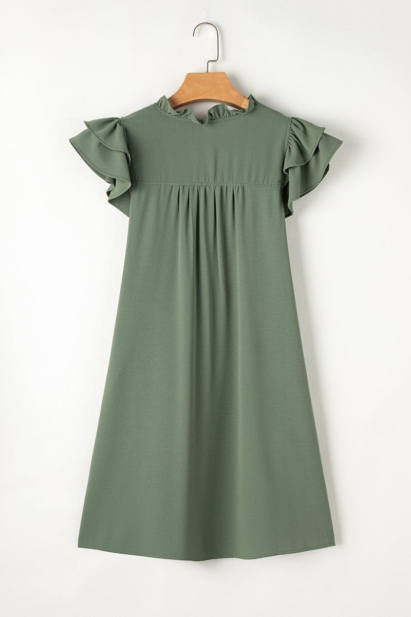 Pearl Ruffle Sleeve v Neck Frilled Shift Dress