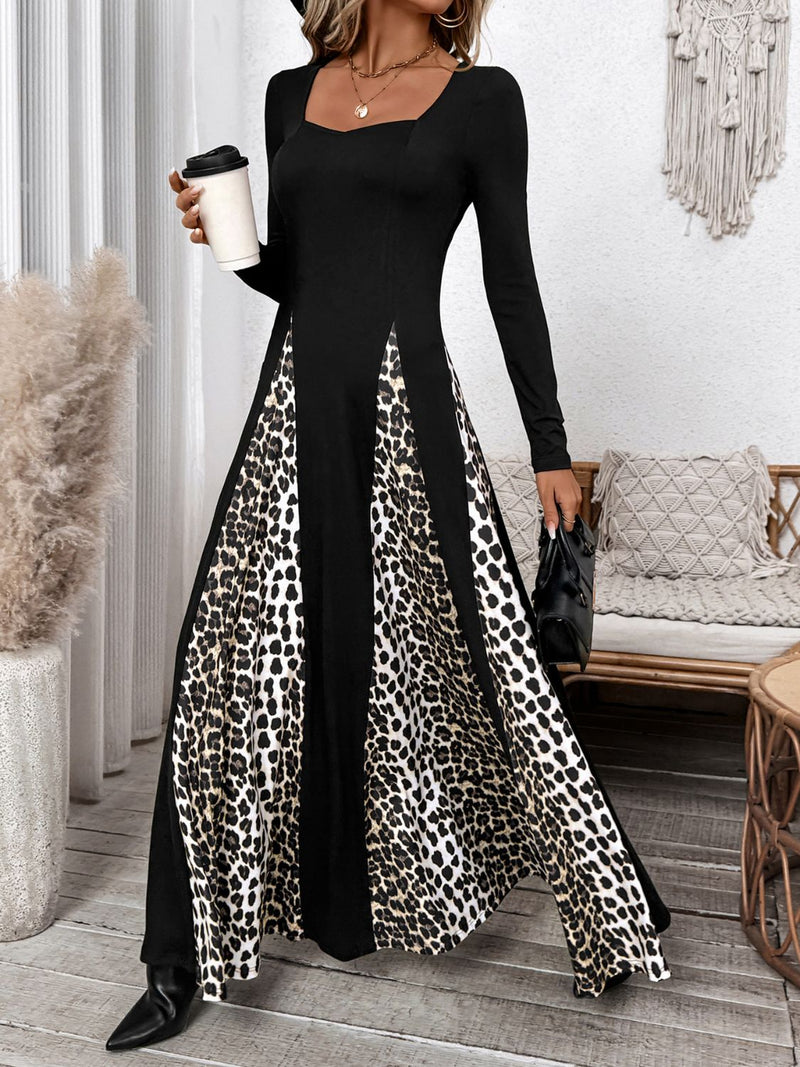 Perfee Leopard Square Neck Long Sleeve Maxi Dress