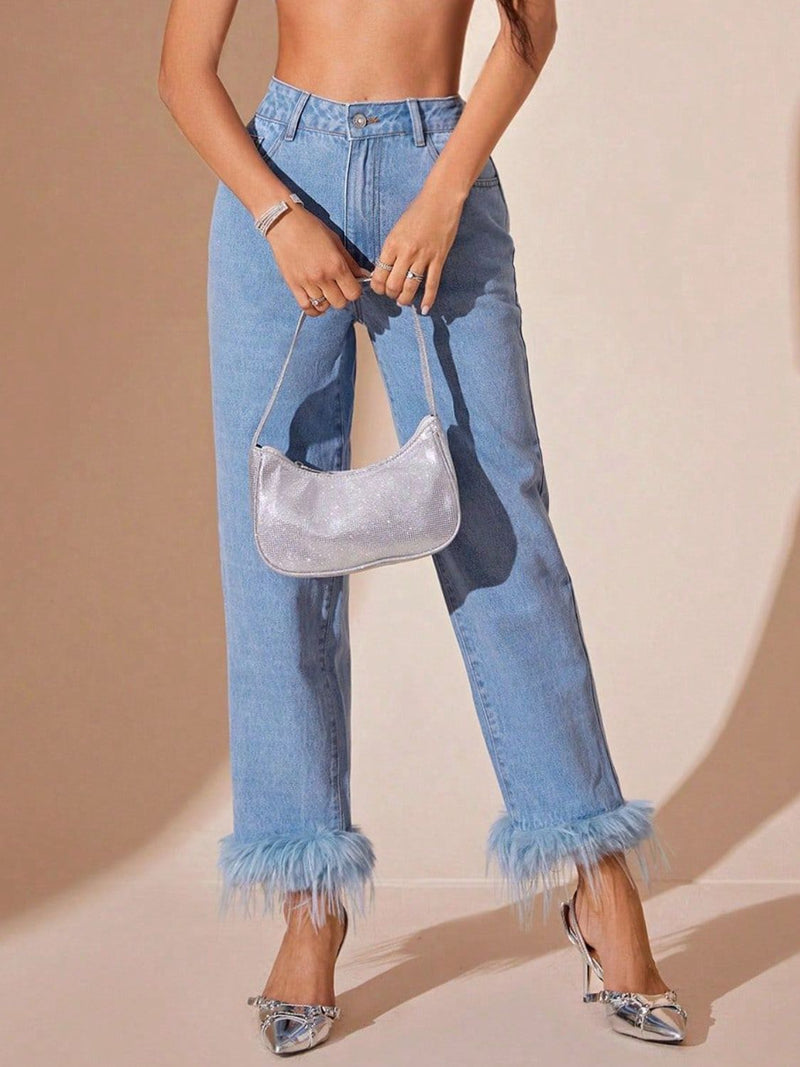 Plush Hem High Rise Straight Jeans