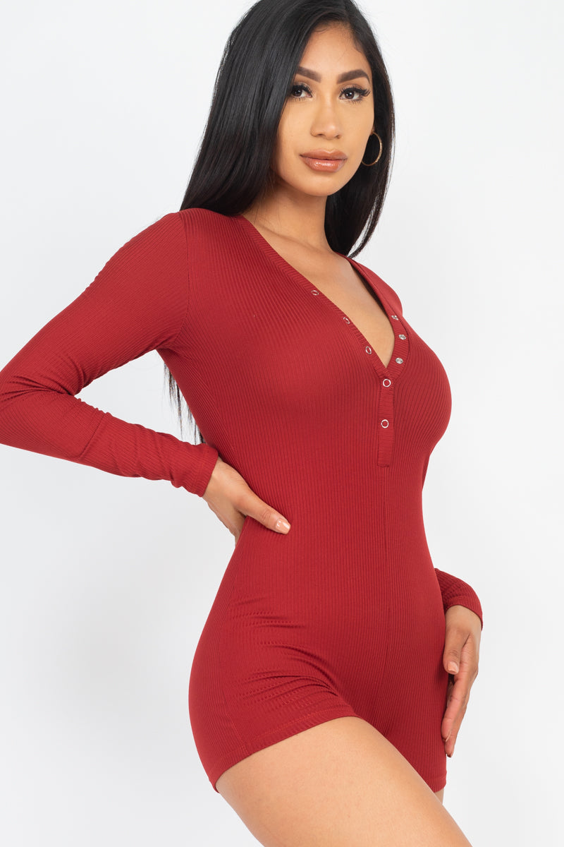 Ribbed Button Neck Long Sleeve Bodycon Romper (CAPELLA)