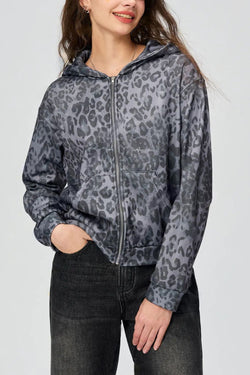 Pocketed Leopard Zip Up Hooded Jacket