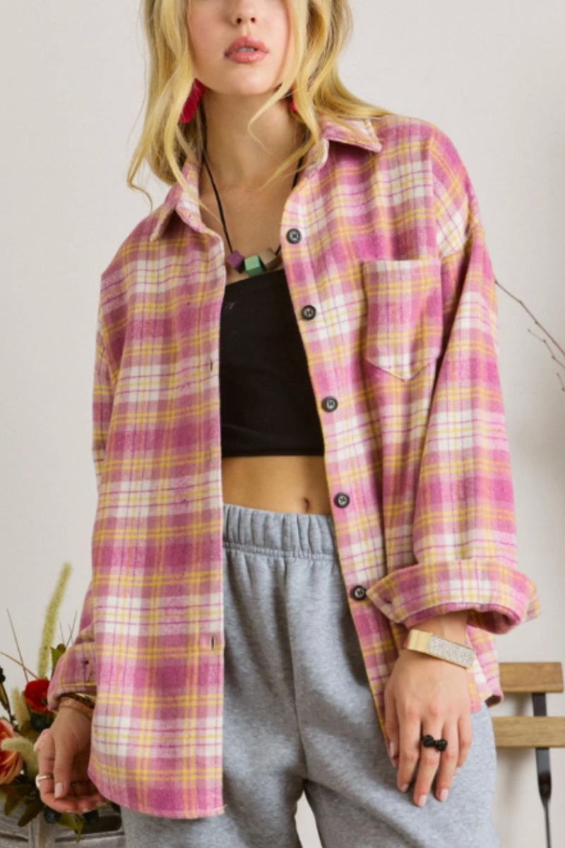 Plaid Collared Neck Button Up Shacket