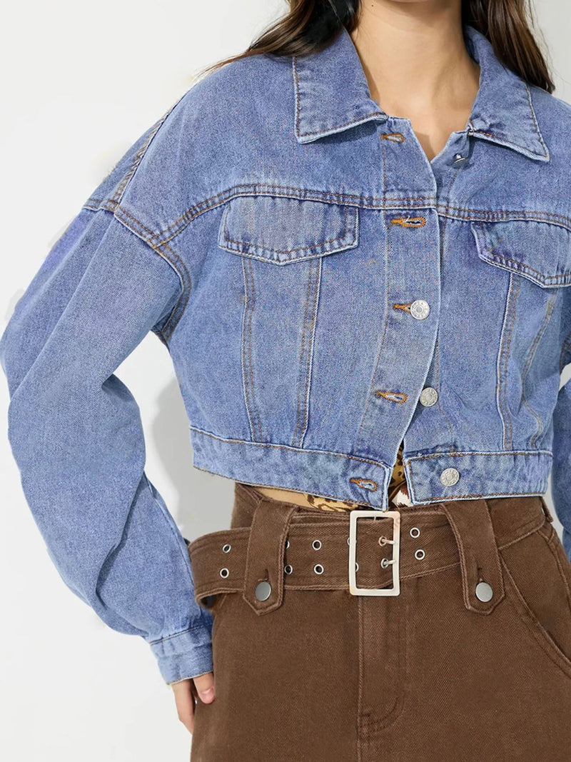 Collared Neck Dropped Shoulder Cropped Denim Top