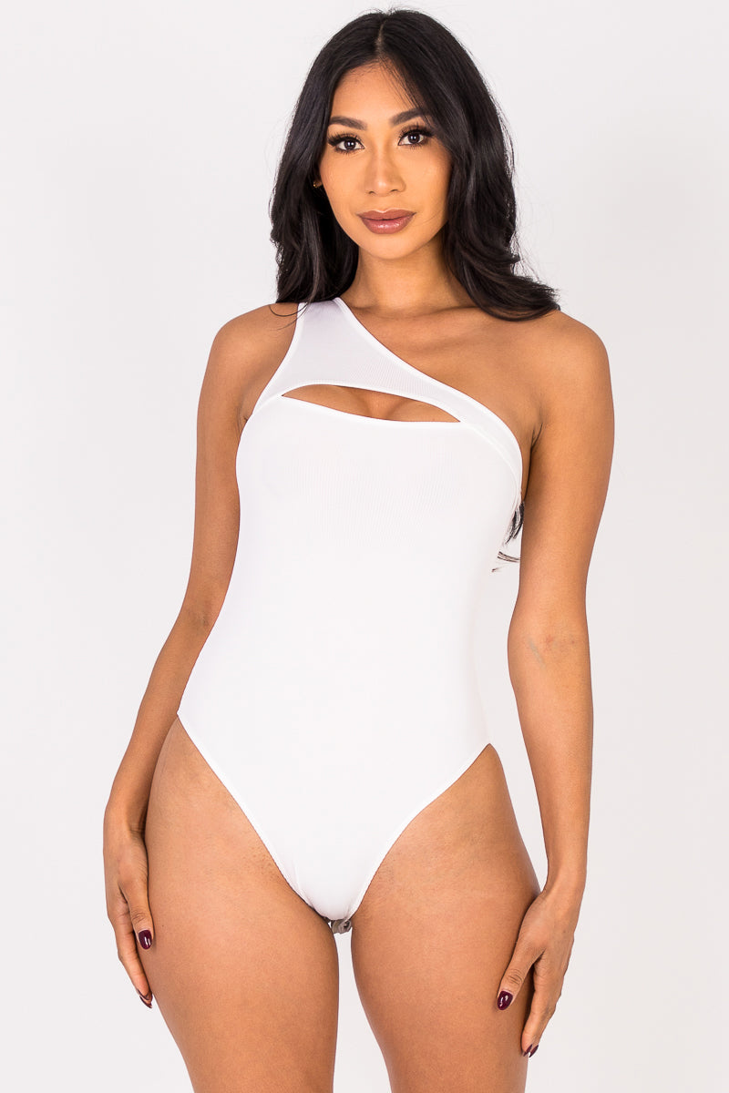 Ribbed Knit Cut Out One Shoulder Bodysuit (CAPELLA)