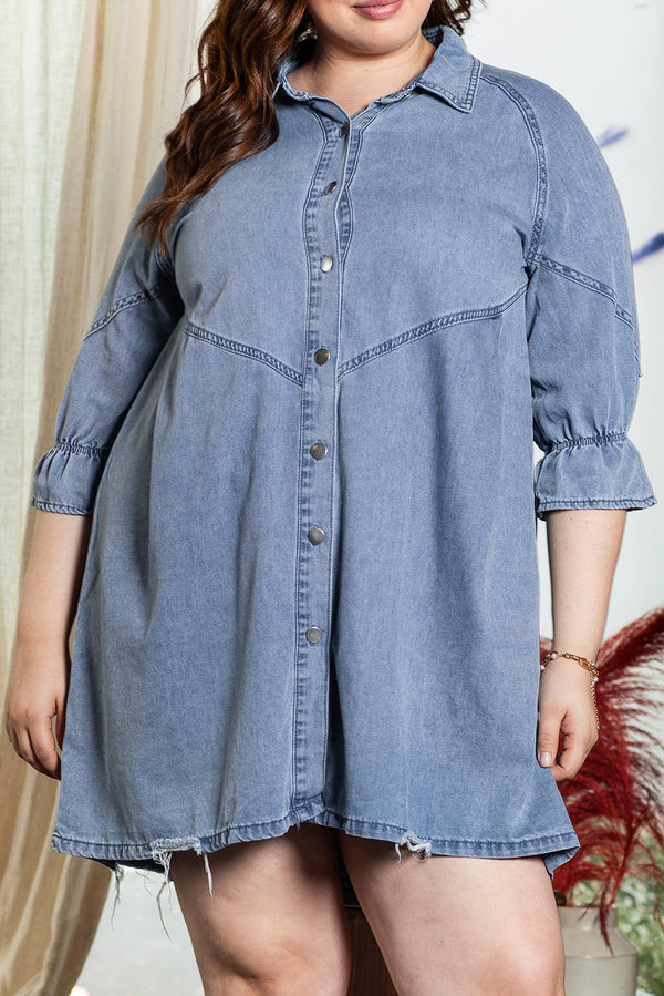 Adley Ruffled 3/4 Sleeve Buttoned Front Plus Size Denim Dress