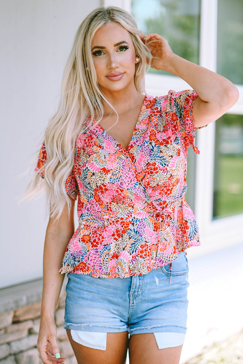 Violeta Surplice v Neck Floral Print Flutter Peplum Blouse