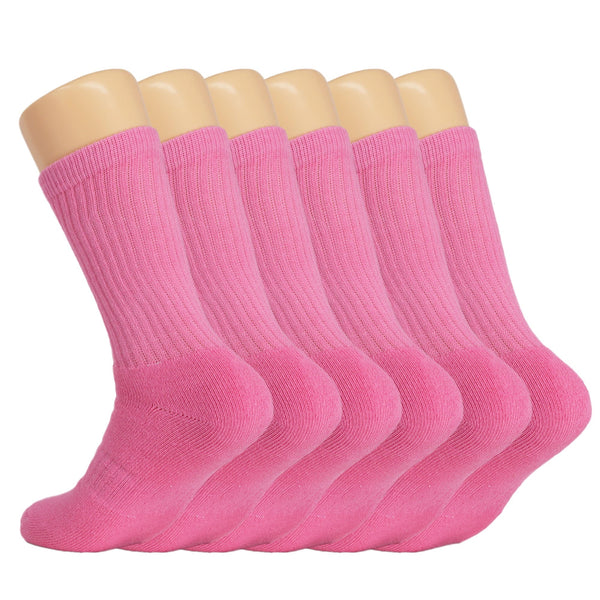 6 Pairs Women's Pink Cotton Crew Socks Size 10-13 With Terry Cushion Foot