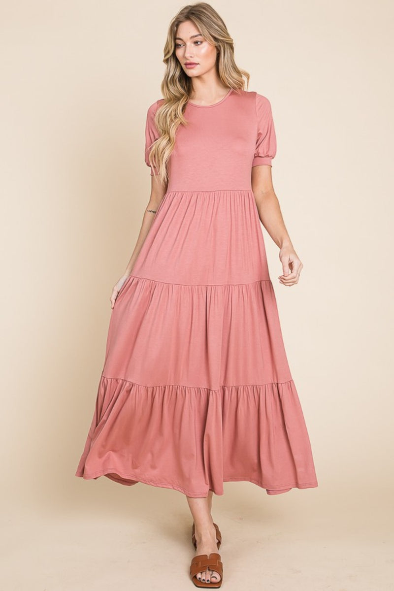 BOMBOM Short Sleeve Tiered Maxi Dress