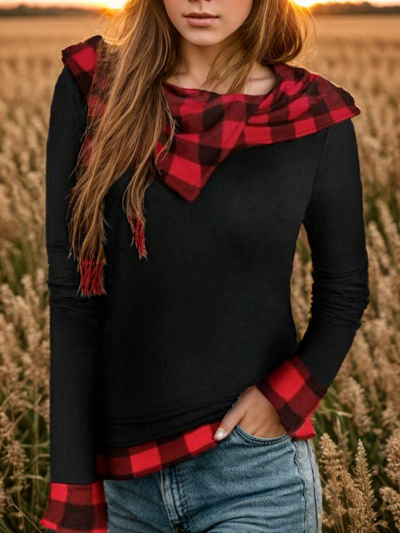 Plaid Long Sleeve Hooded Blouse