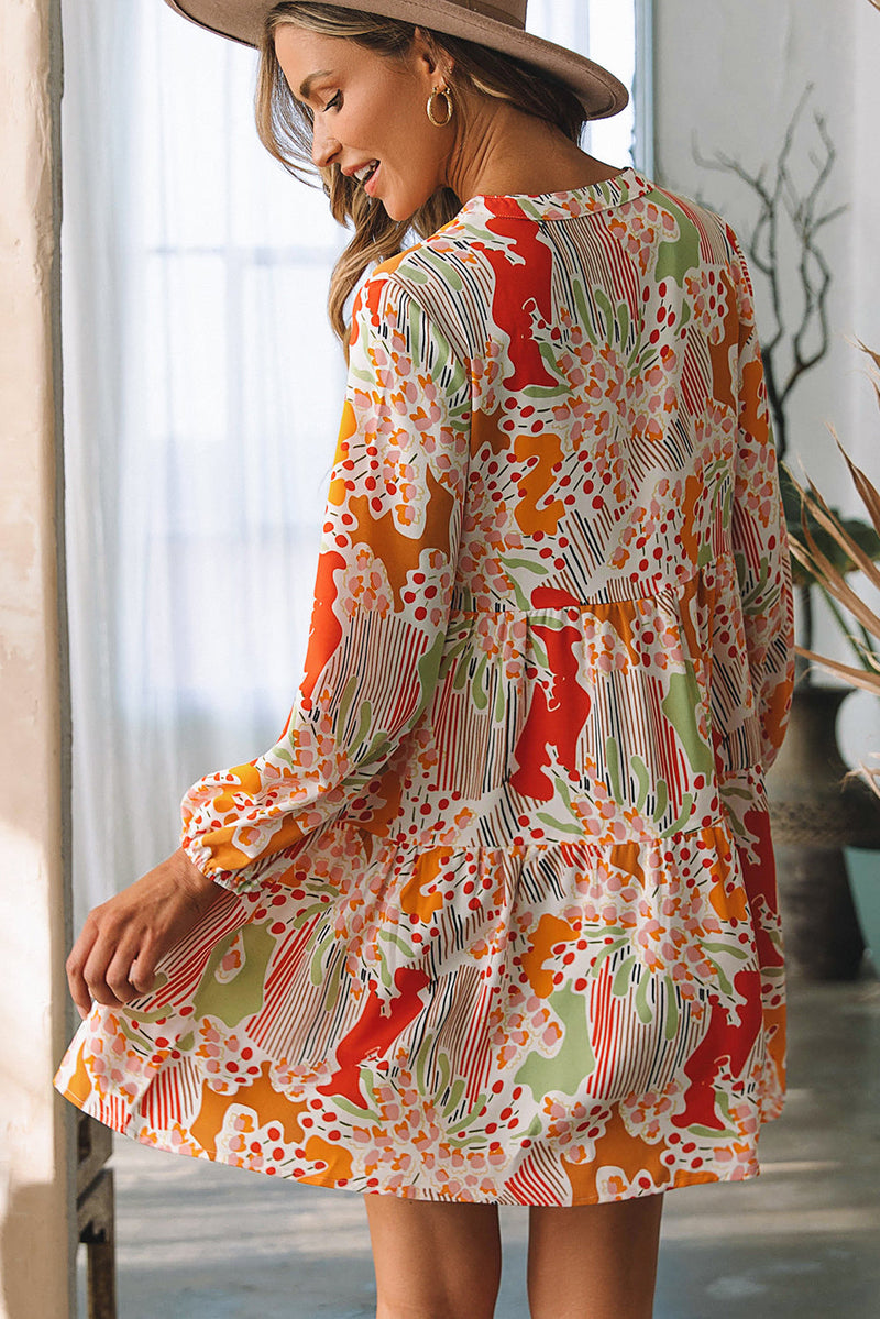 Daniella Split Neck Puff Sleeve Flowy Printed Dress