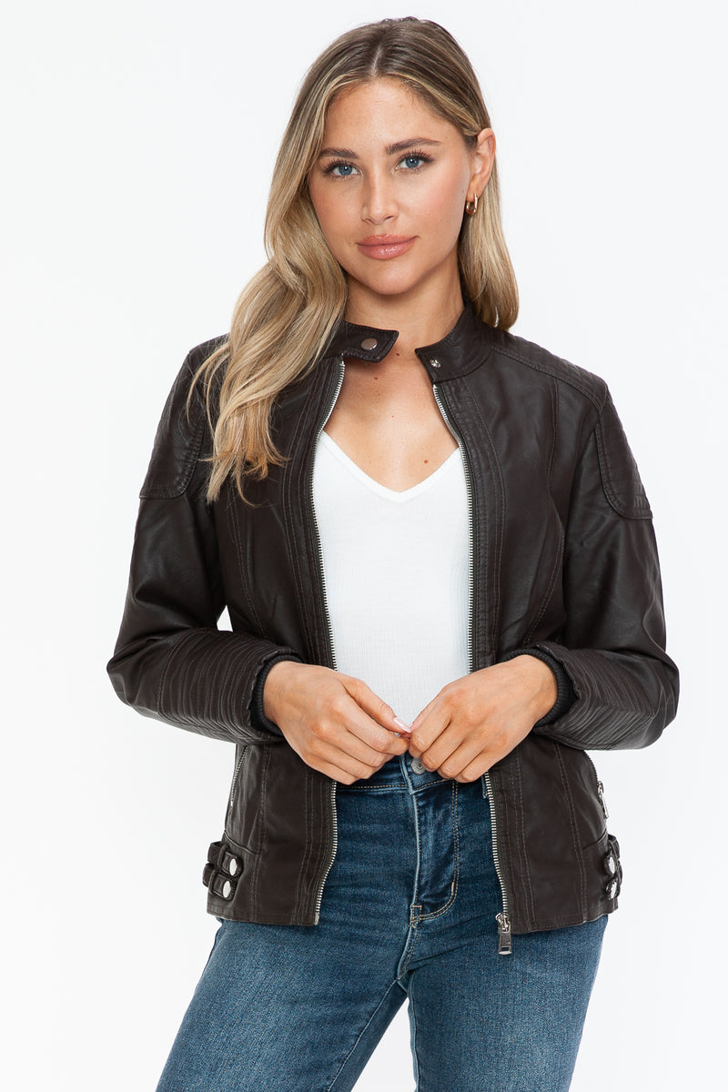 Snobbish Faux Leather Biker Jacket with Side Zip Pockets