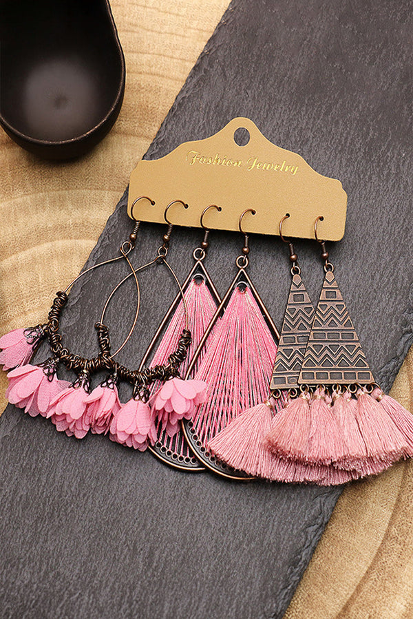 3 Pairs Boho Floral Tasseled Geometric Dangle Earrings Set