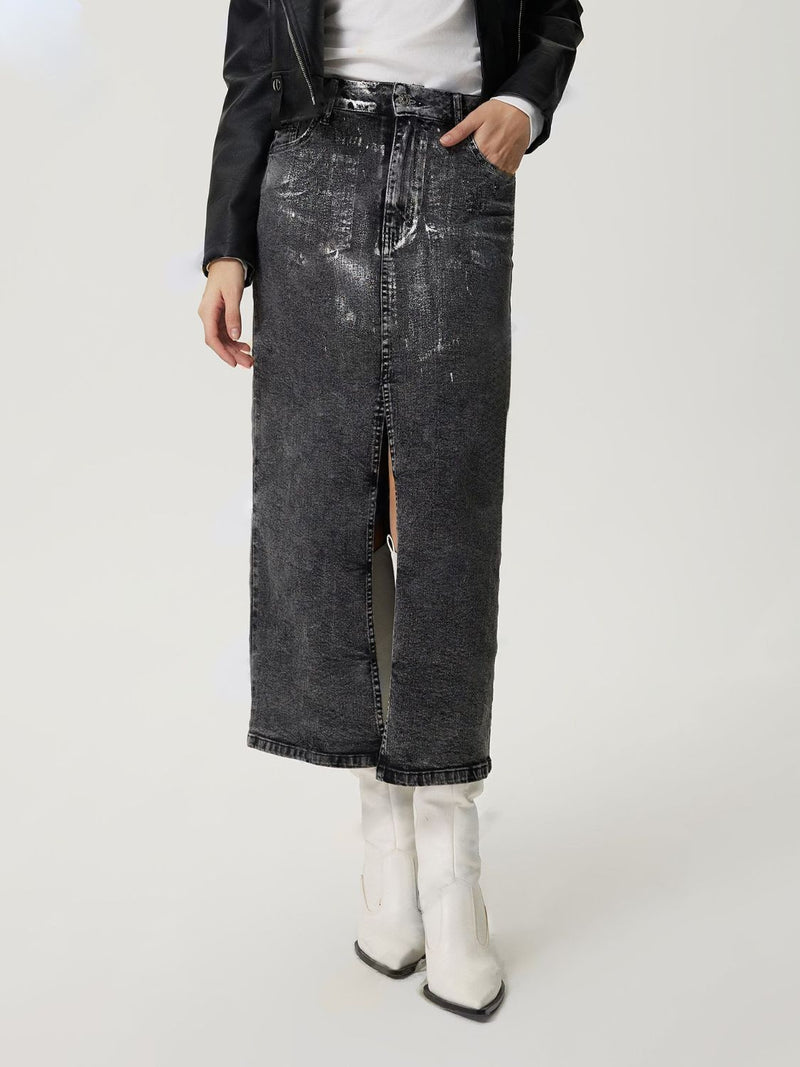 Slit Midi Denim Skirt with Pockets