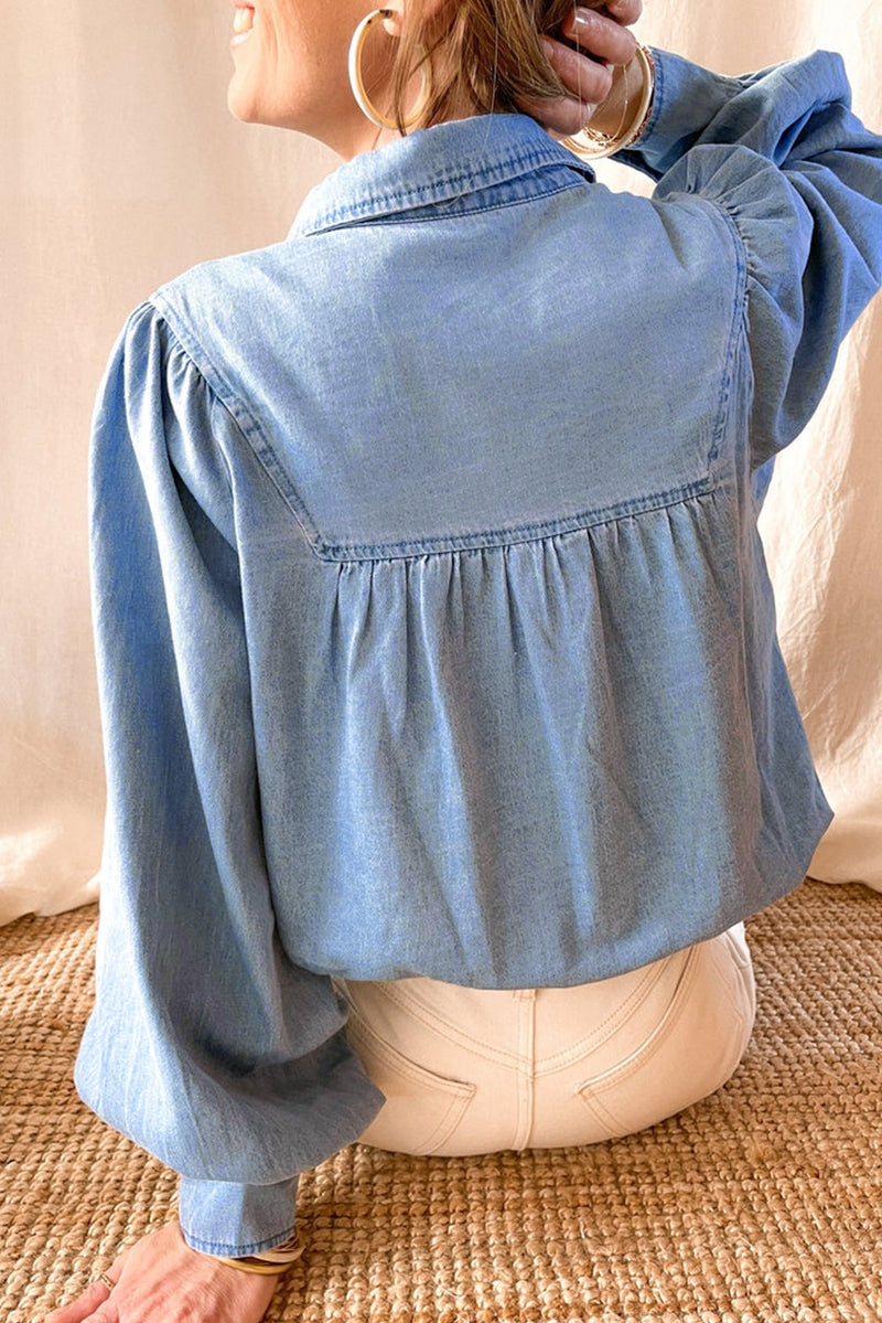 Collared Neck Lantern Sleeve Denim Top