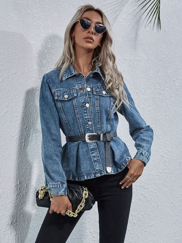 Peplum Collared Neck Long Sleeve Denim Top