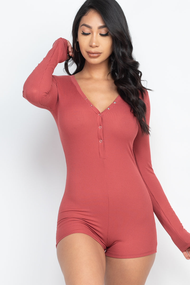 Ribbed Button Neck Long Sleeve Bodycon Romper (CAPELLA)