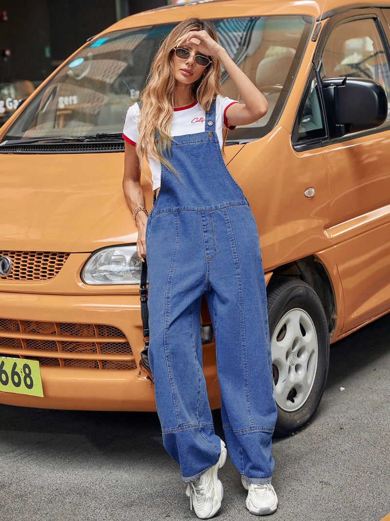 Wide Strap Wide Leg Denim Overalls