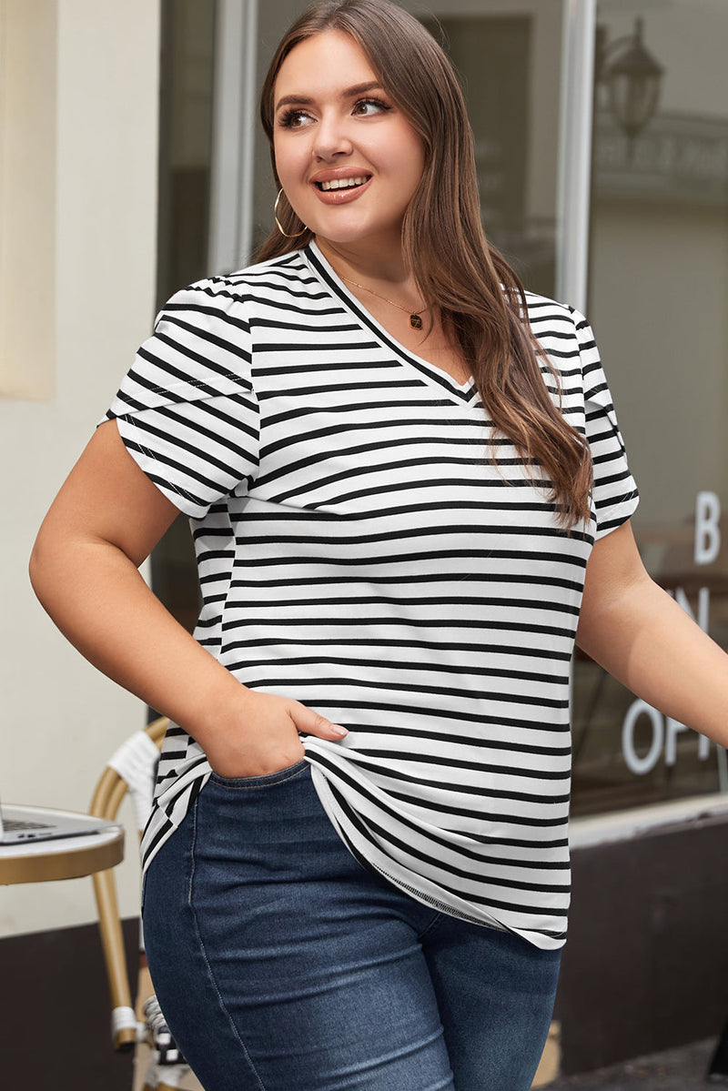 Ramona Stripe v Neck Petal Sleeve Plus Size Top